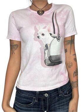 Y2K Pink Tie-Dye Tee with Chihuahua Graphic